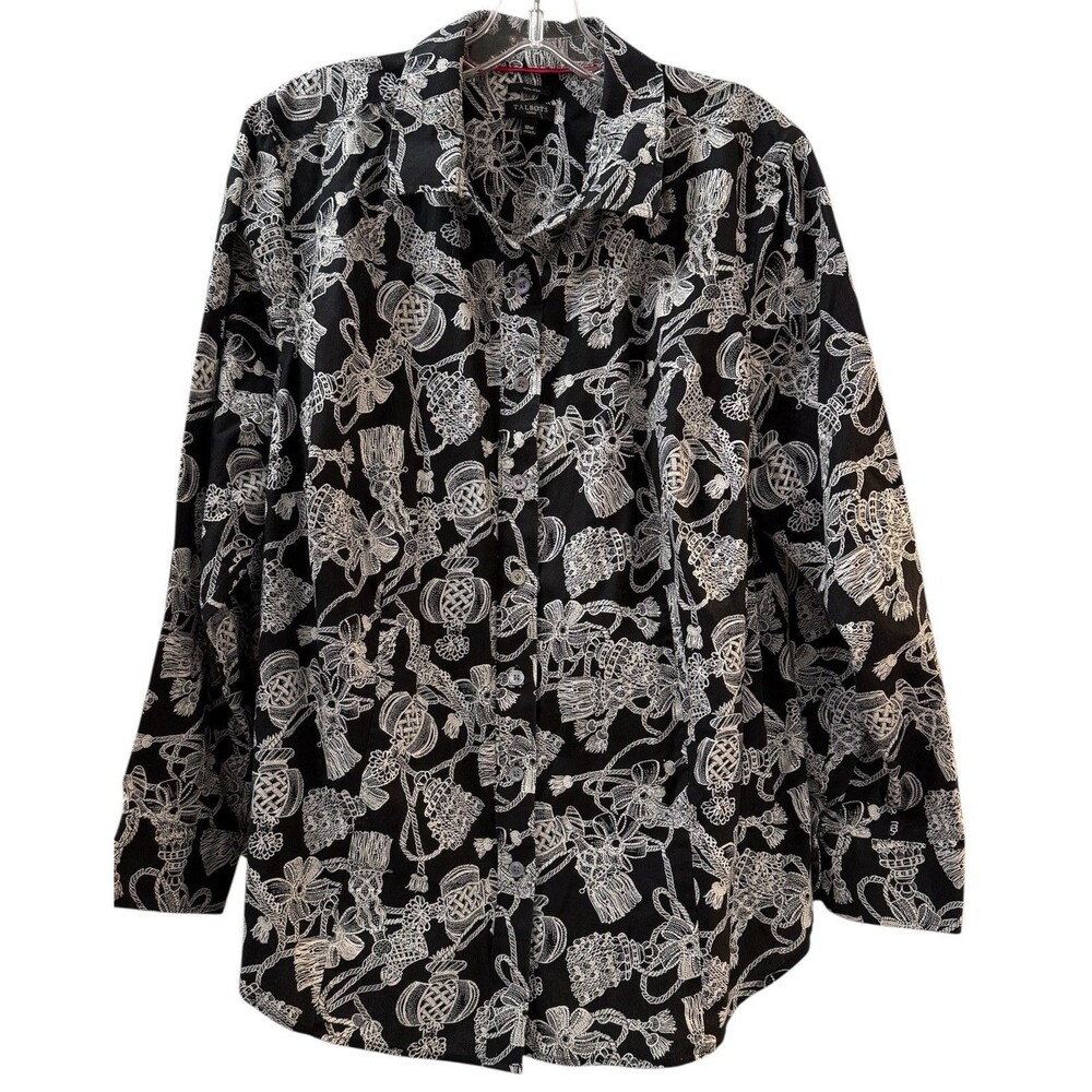 Talbots Button Front Shirt Size 18W Black White Non Iron Long Sleeve Collared